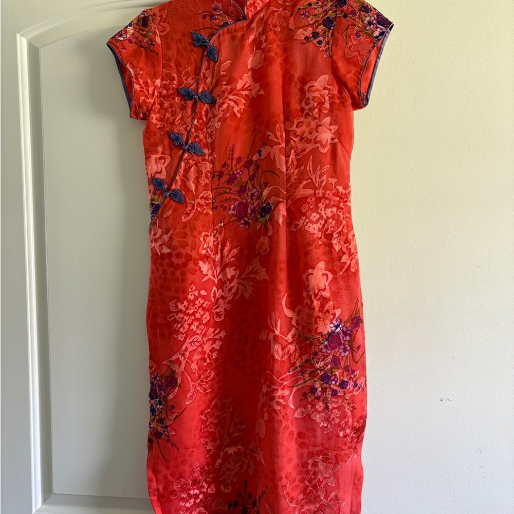 Vintage Red Floral Midi Cheongsam Dress with Purple Accents